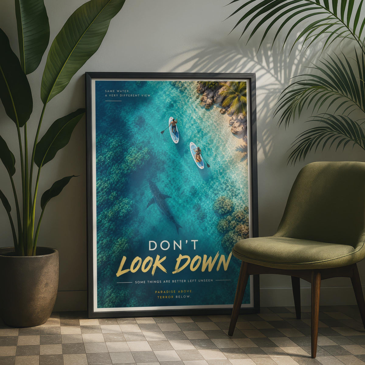 Don't Look Down Shark Poster, Funny Paddle Board Wall Art, Tropical Ocean Print