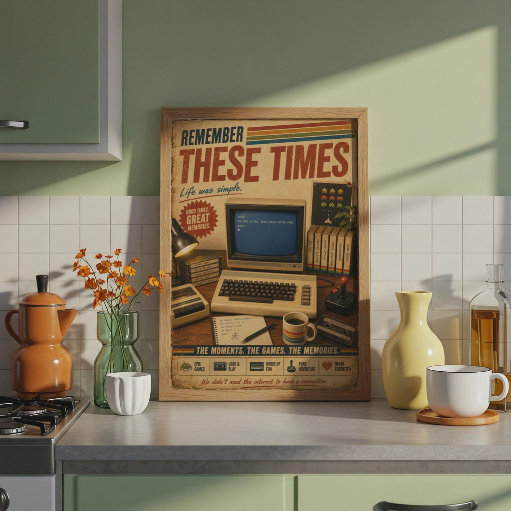 Commodore 64 Retro Gaming Poster, Vintage 80s Computer Wall Art, Nostalgic Gamer Gift Print