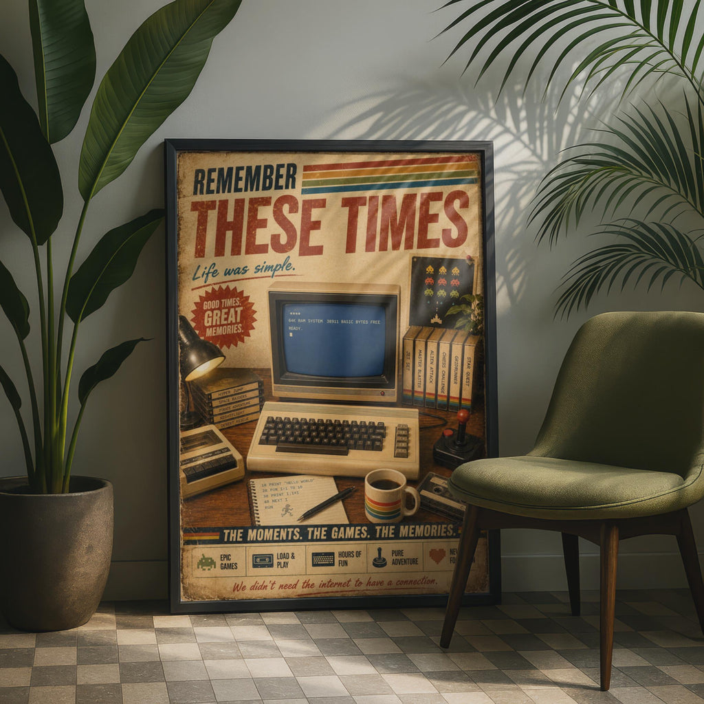 Commodore 64 Retro Gaming Poster, Vintage 80s Computer Wall Art, Nostalgic Gamer Gift Print
