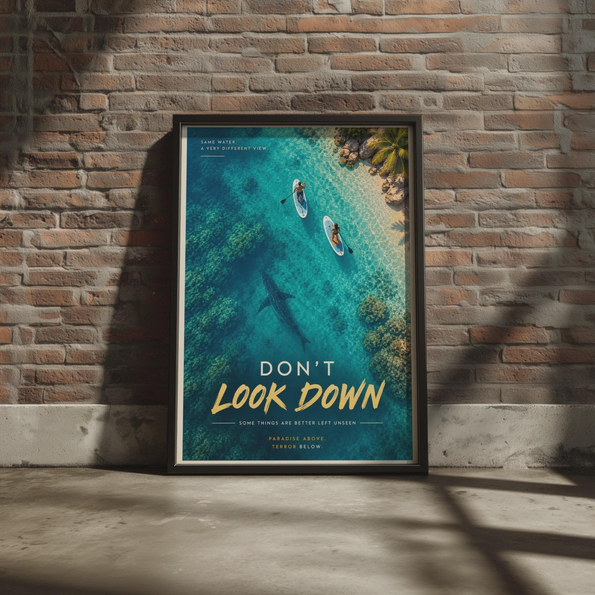 Don't Look Down Shark Poster, Funny Paddle Board Wall Art, Tropical Ocean Print