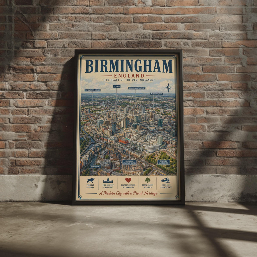 Birmingham England Poster, West Midlands City Map Wall Art, Vintage Aerial Print