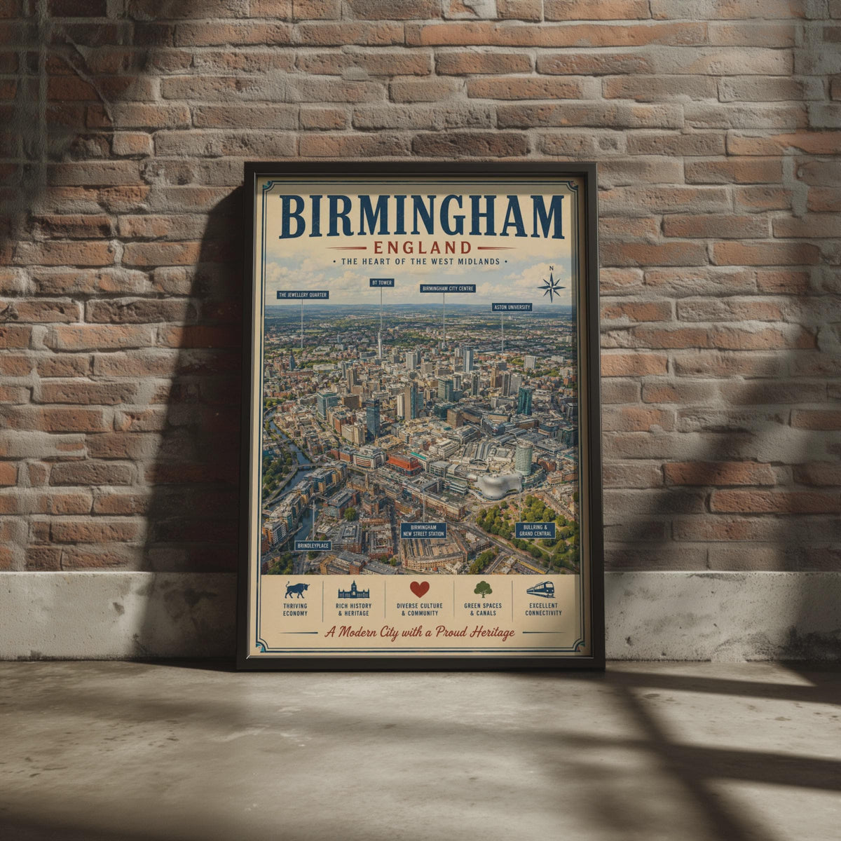Birmingham England Poster, West Midlands City Map Wall Art, Vintage Aerial Print