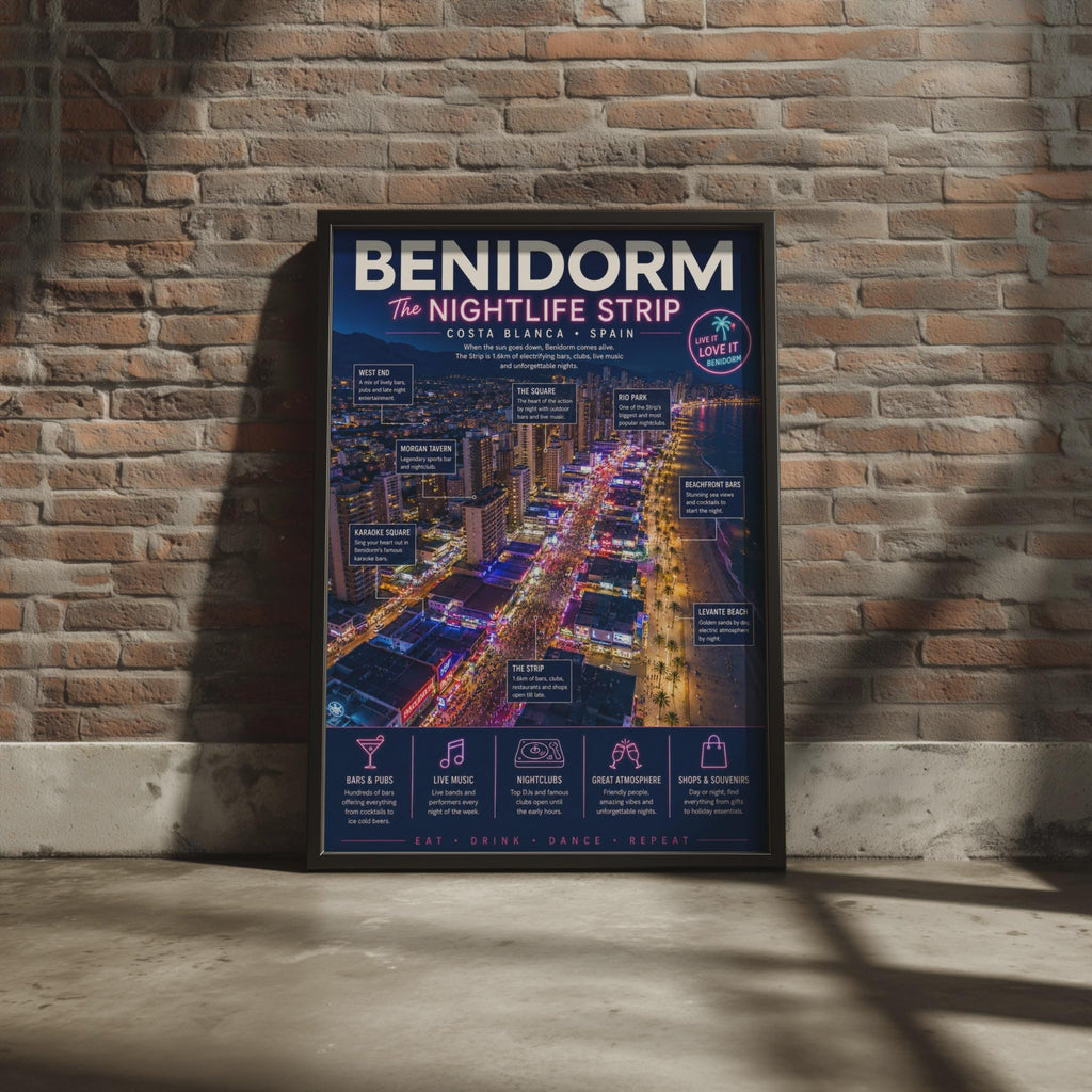 Benidorm Nightlife Strip Poster, Costa Blanca Spain Wall Art, Holiday Print
