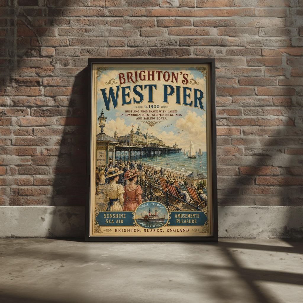 Brighton West Pier Vintage Travel Poster, Edwardian Seaside Wall Art Print Sussex