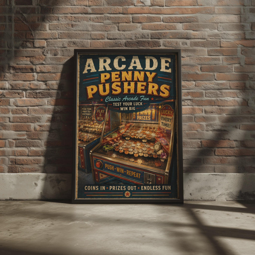 Arcade Penny Pusher Retro Poster, Vintage Coin Machine Wall Art, Games Room Print