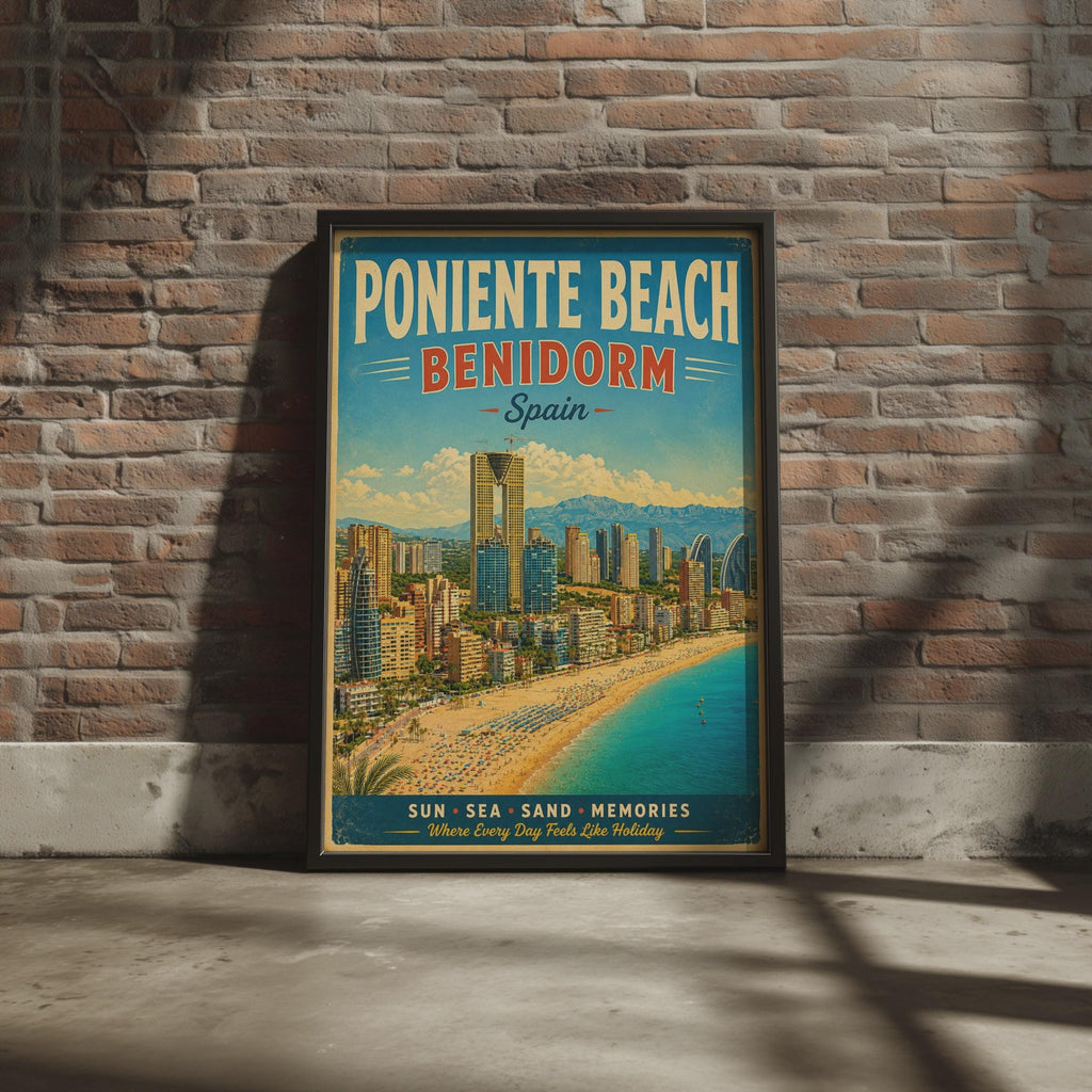 Poniente Beach Benidorm Spain Vintage Travel Poster, Retro Spanish Coast Wall Art