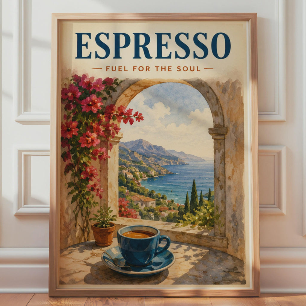 Espresso Fuel For The Soul Poster, Italian Coast Wall Art, Mediterranean Kitchen Decor