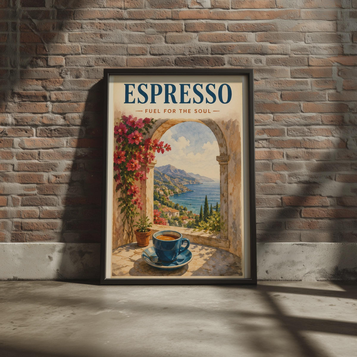 Espresso Fuel For The Soul Poster, Italian Coast Wall Art, Mediterranean Kitchen Decor