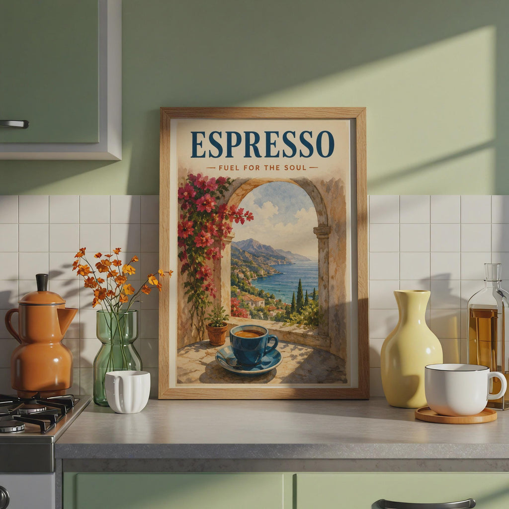 Espresso Fuel For The Soul Poster, Italian Coast Wall Art, Mediterranean Kitchen Decor