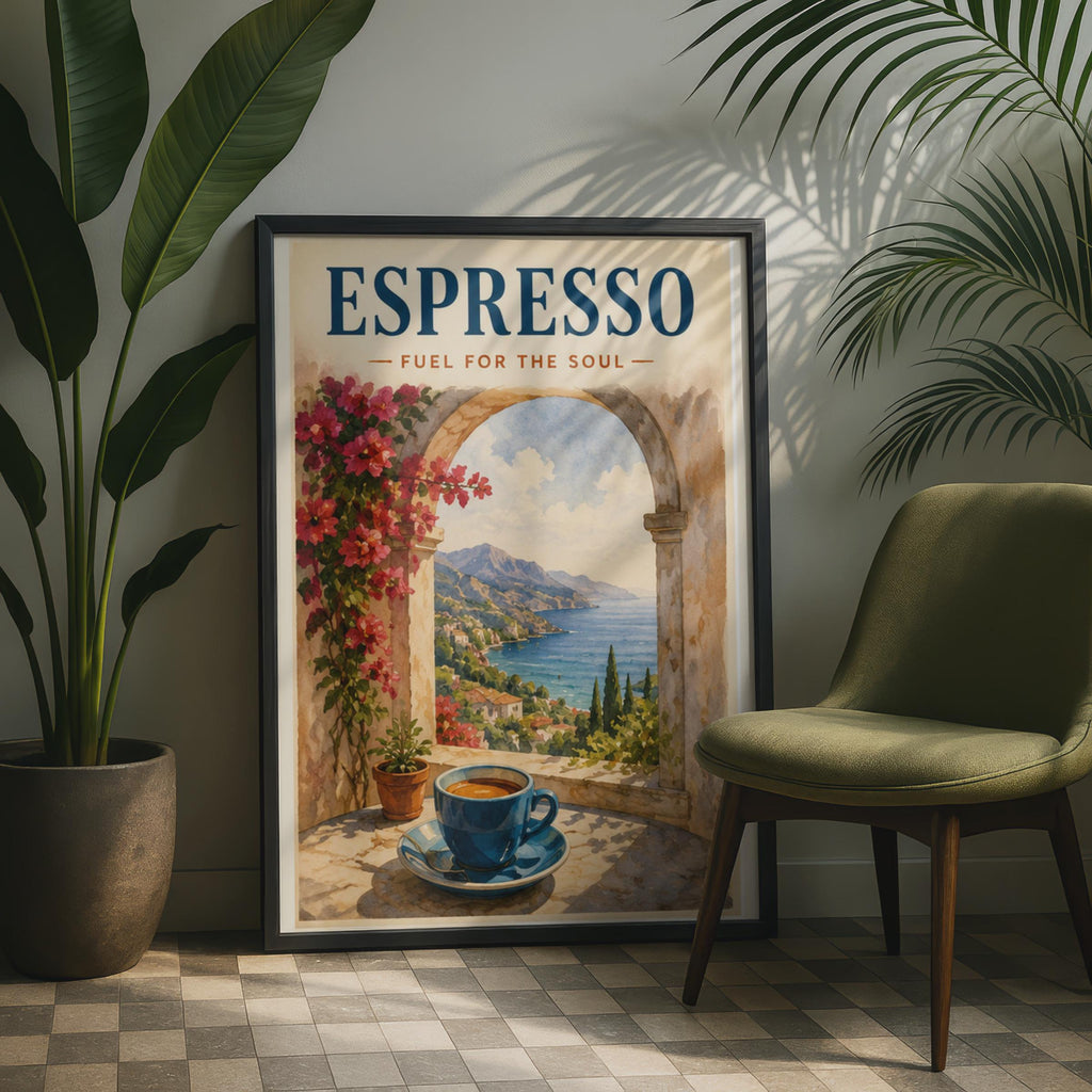 Espresso Fuel For The Soul Poster, Italian Coast Wall Art, Mediterranean Kitchen Decor