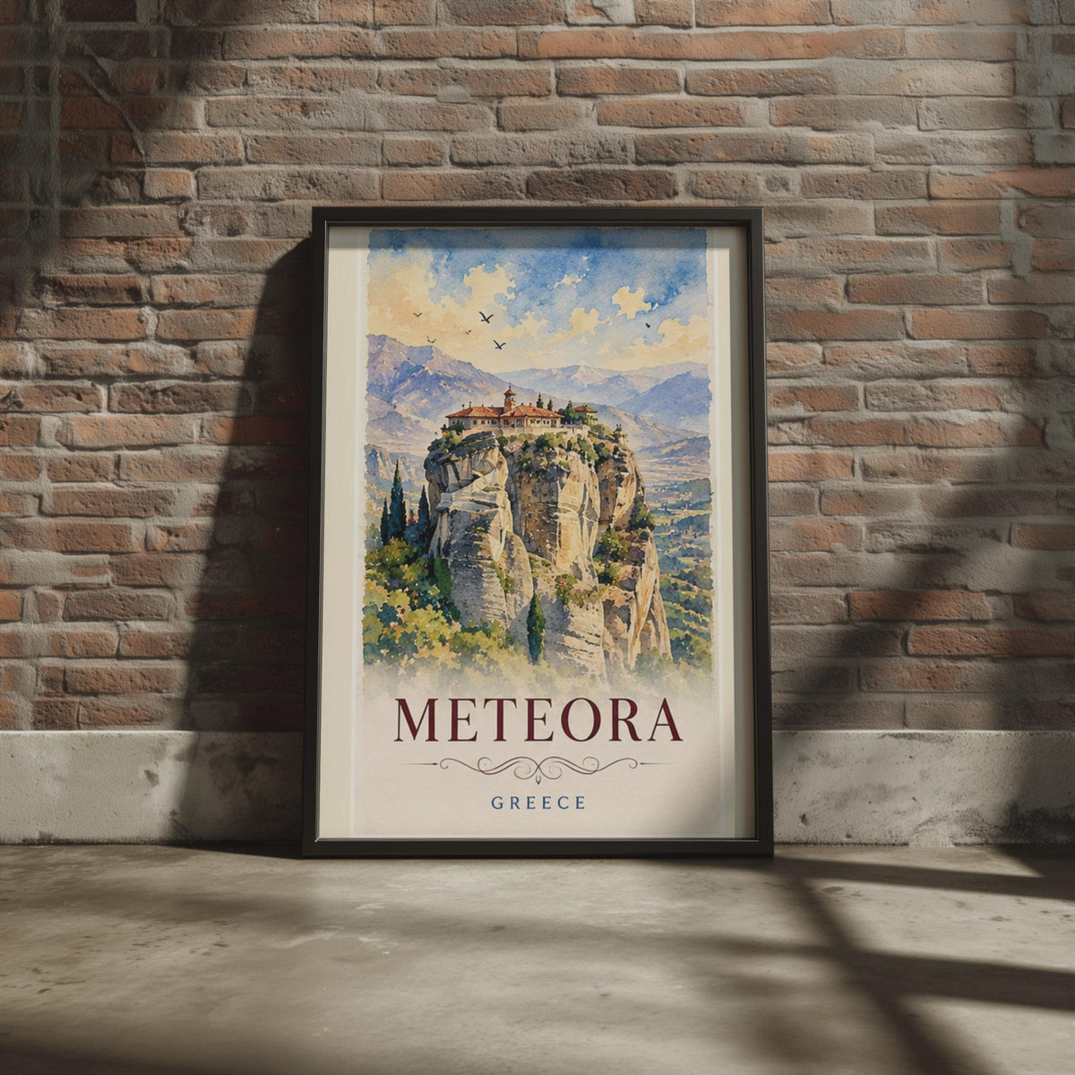 Meteora Greece Watercolour Print, Monastery Cliffs, Thessaly Travel Art Print