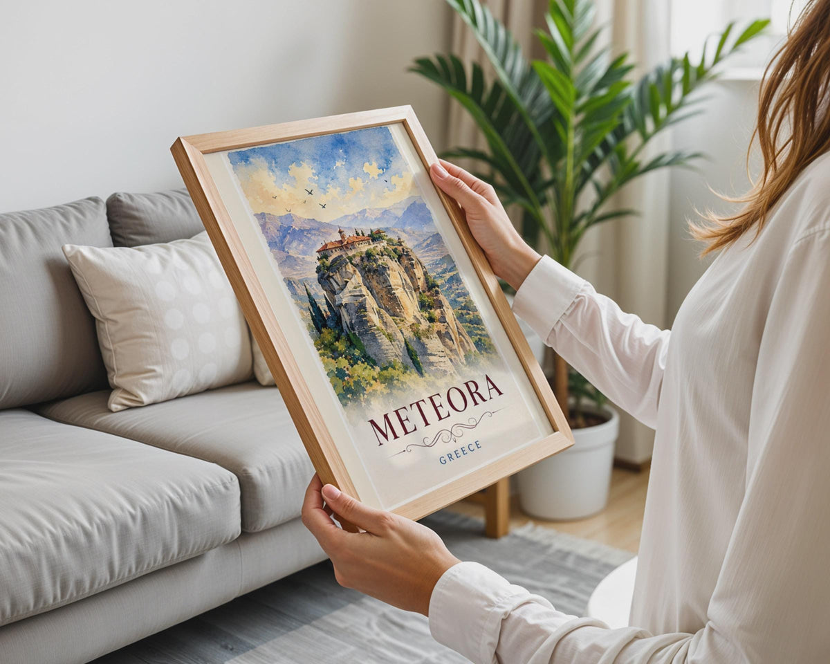 Meteora Greece Watercolour Print, Monastery Cliffs, Thessaly Travel Art Print