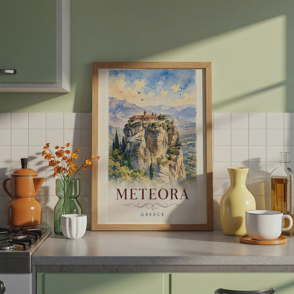 Meteora Greece Watercolour Print, Monastery Cliffs, Thessaly Travel Art Print