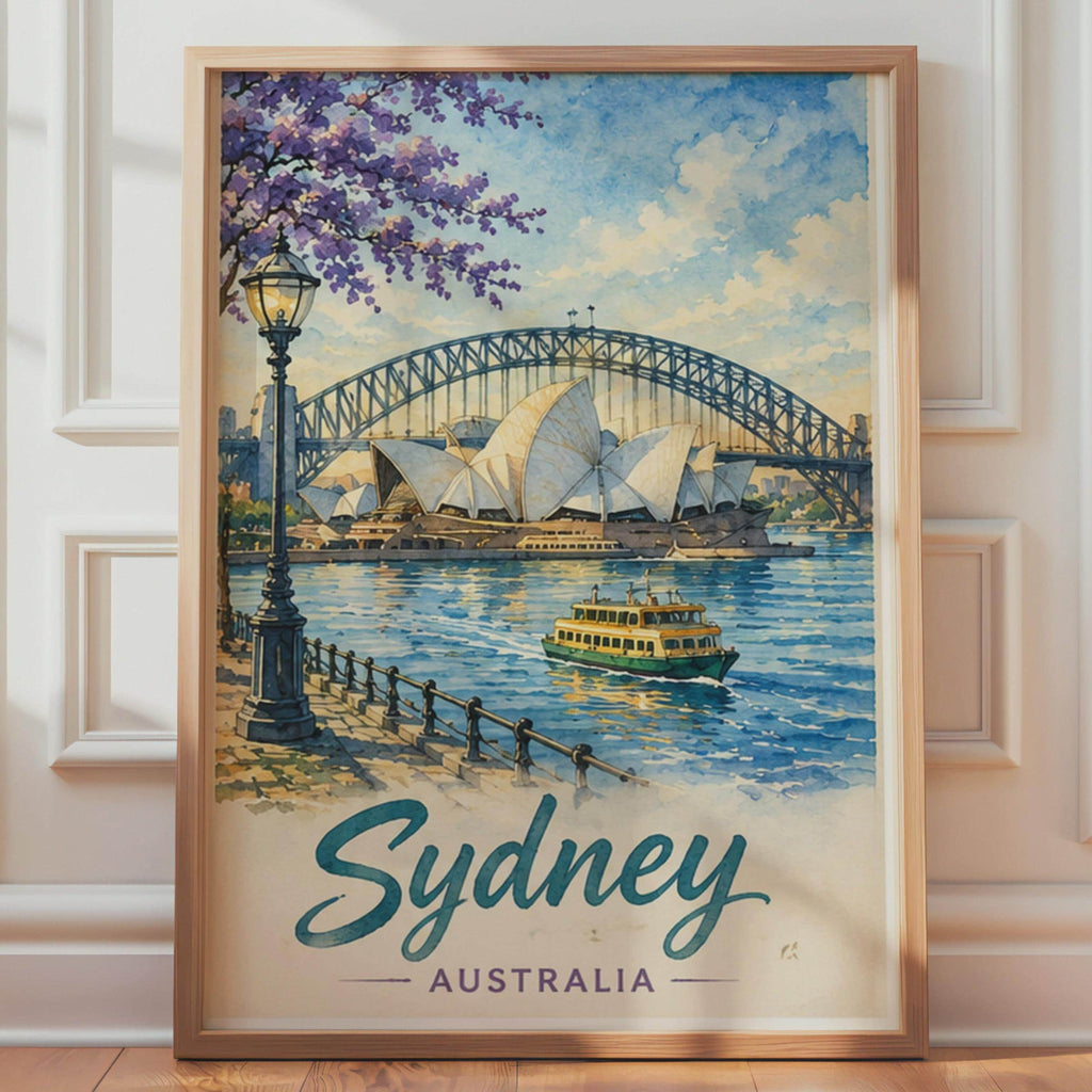 Sydney Watercolour Poster, Opera House Harbour Bridge, Vintage Travel Art Print