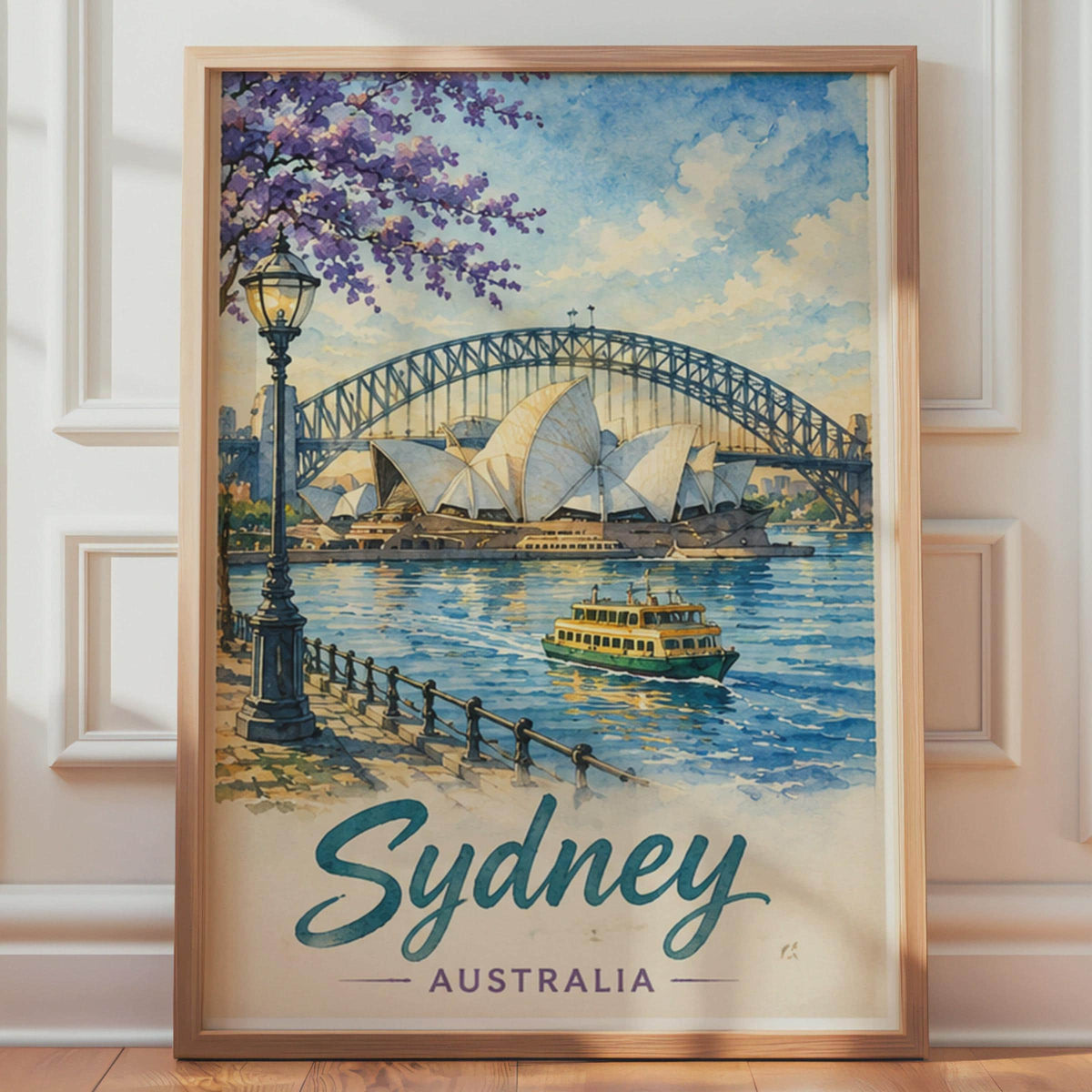 Sydney Watercolour Poster, Opera House Harbour Bridge, Vintage Travel Art Print