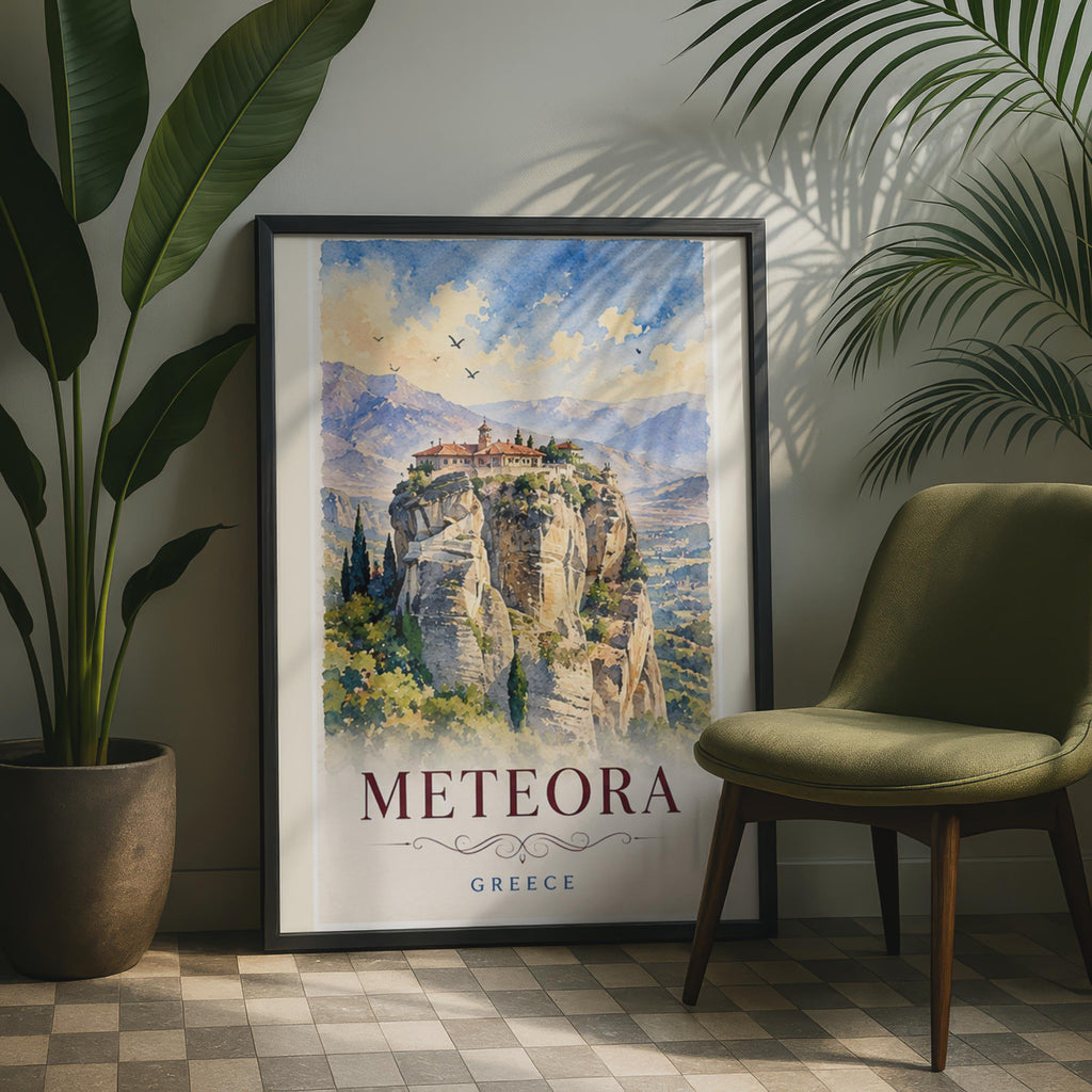 Meteora Greece Watercolour Print, Monastery Cliffs, Thessaly Travel Art Print