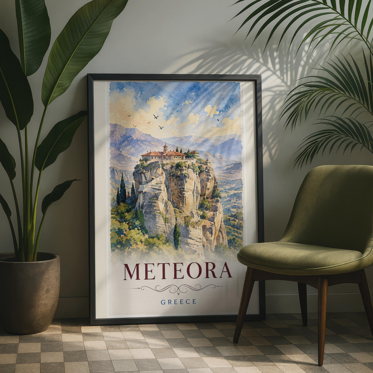 Meteora Greece Watercolour Print, Monastery Cliffs, Thessaly Travel Art Print
