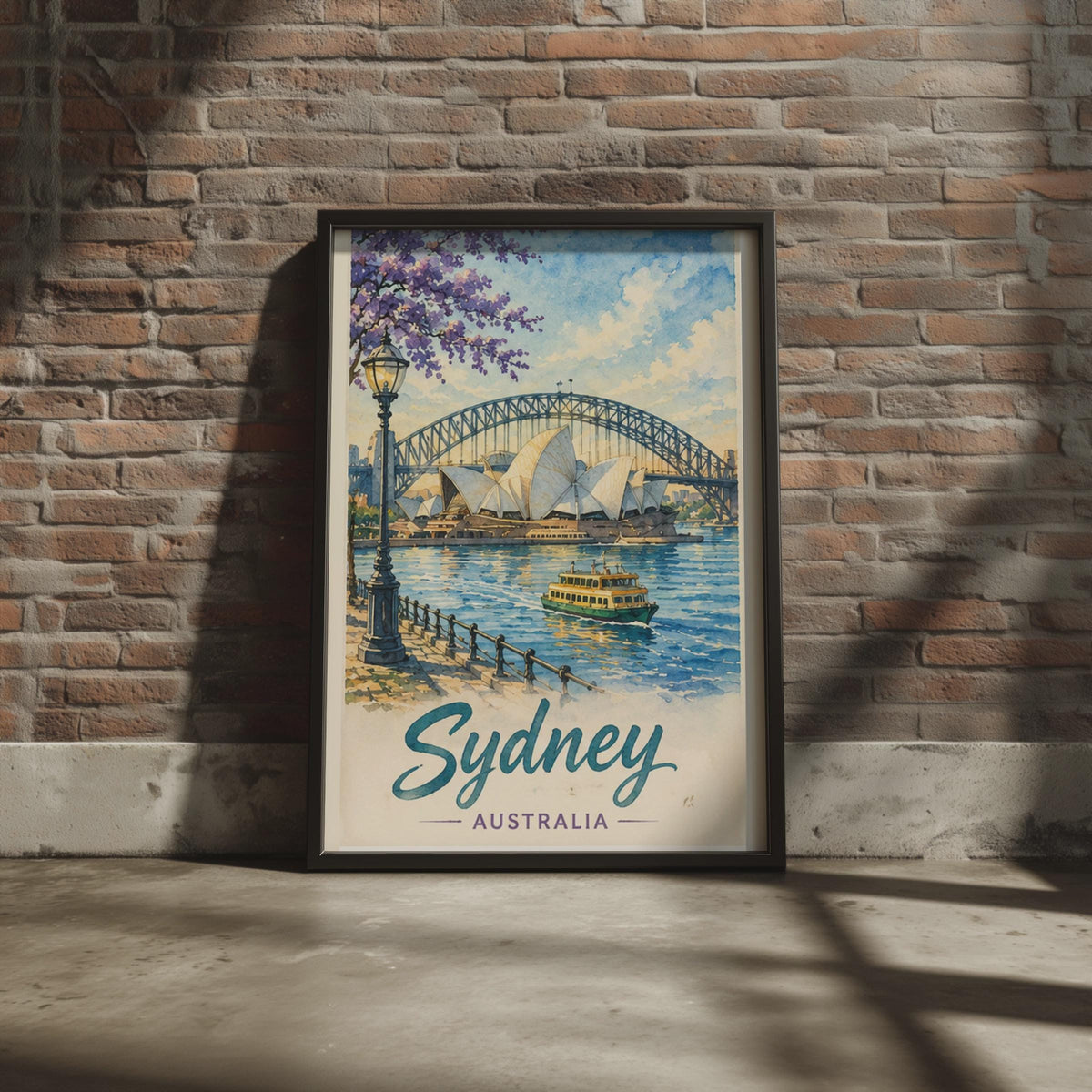 Sydney Watercolour Poster, Opera House Harbour Bridge, Vintage Travel Art Print