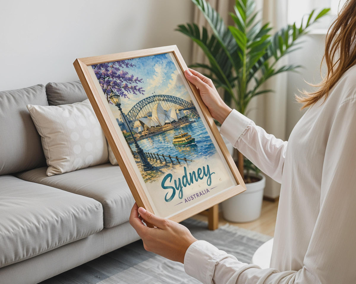 Sydney Watercolour Poster, Opera House Harbour Bridge, Vintage Travel Art Print