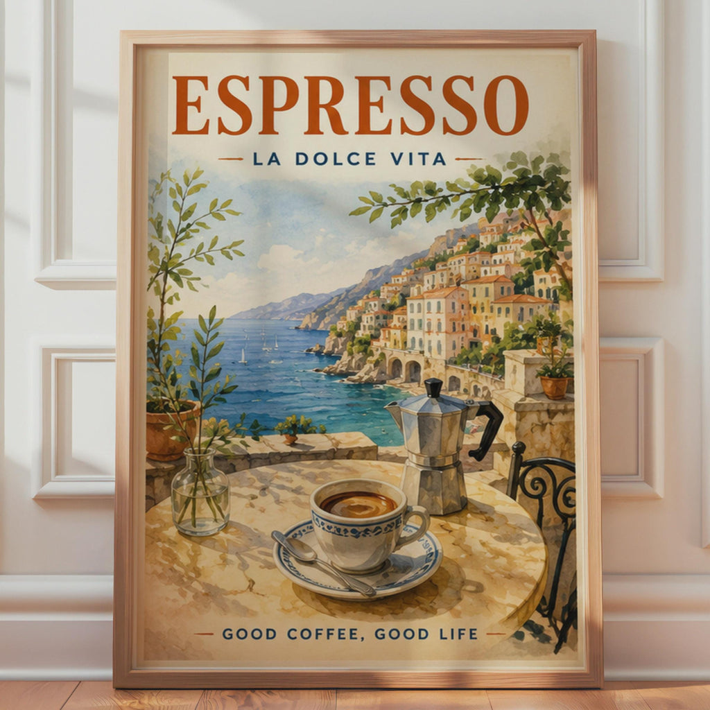 Espresso La Dolce Vita Amalfi Coast Poster, Italian Coffee Art Print