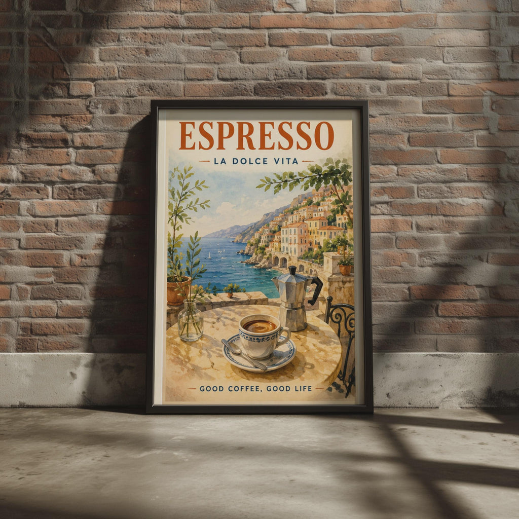 Espresso La Dolce Vita Amalfi Coast Poster, Italian Coffee Art Print