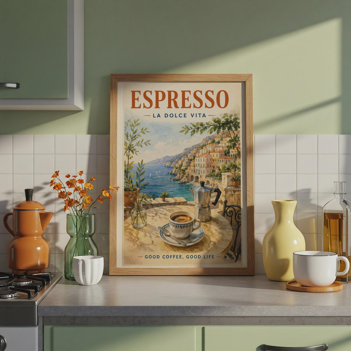 Espresso La Dolce Vita Amalfi Coast Poster, Italian Coffee Art Print