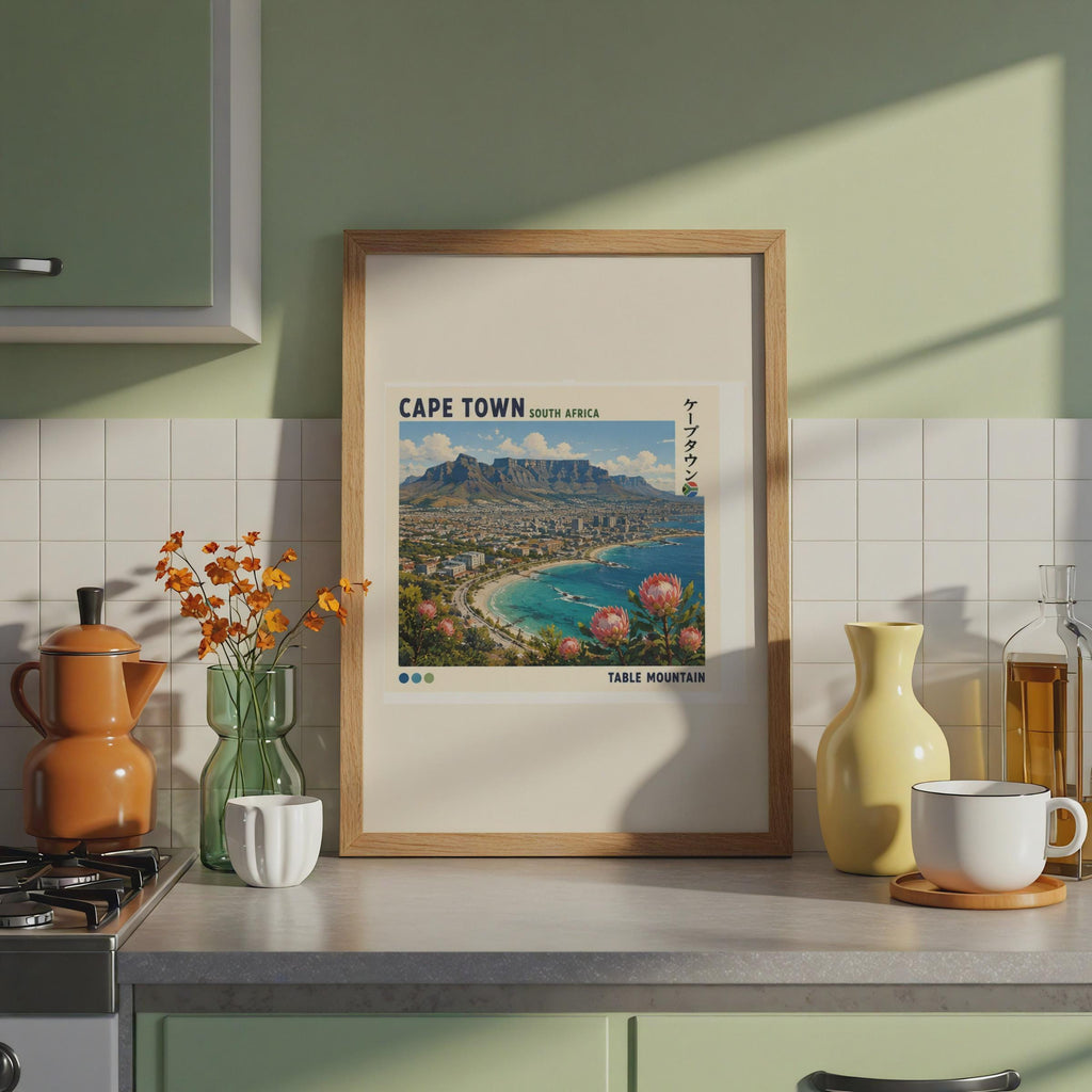 Cape Town Travel Poster, Table Mountain, Protea Flowers, Japanese Typography (Print)