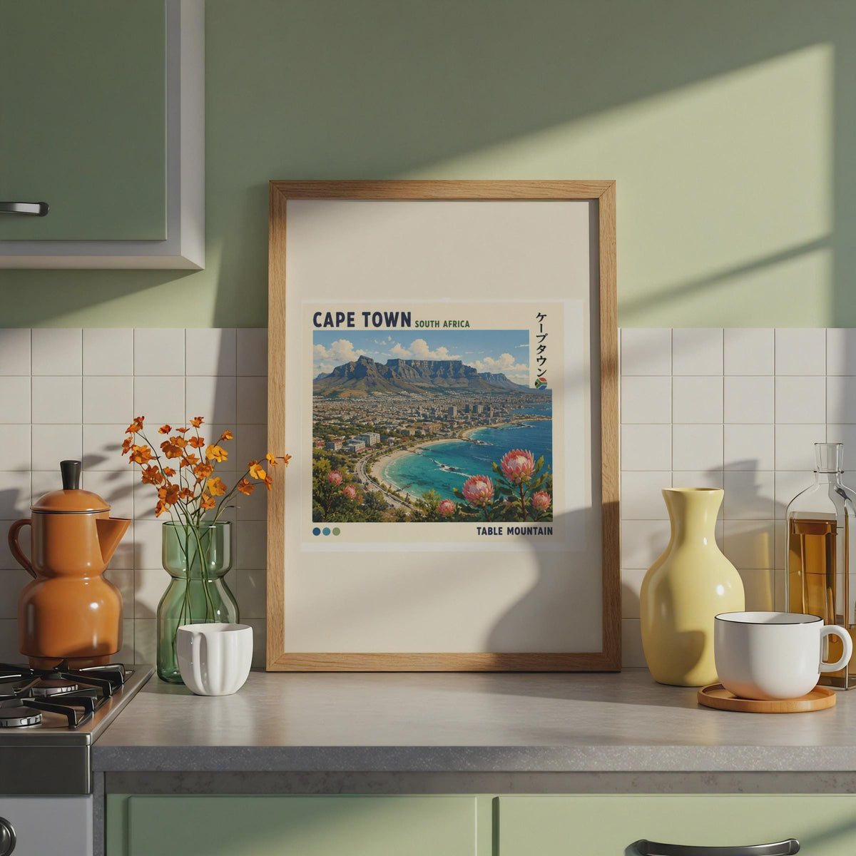 Cape Town Travel Poster, Table Mountain, Protea Flowers, Japanese Typography (Print)