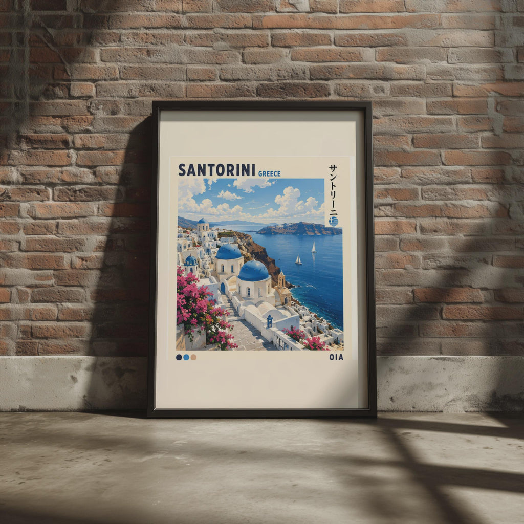 Santorini Greece Travel Poster, Oia Blue Dome Church, Mediterranean Sea (Print)
