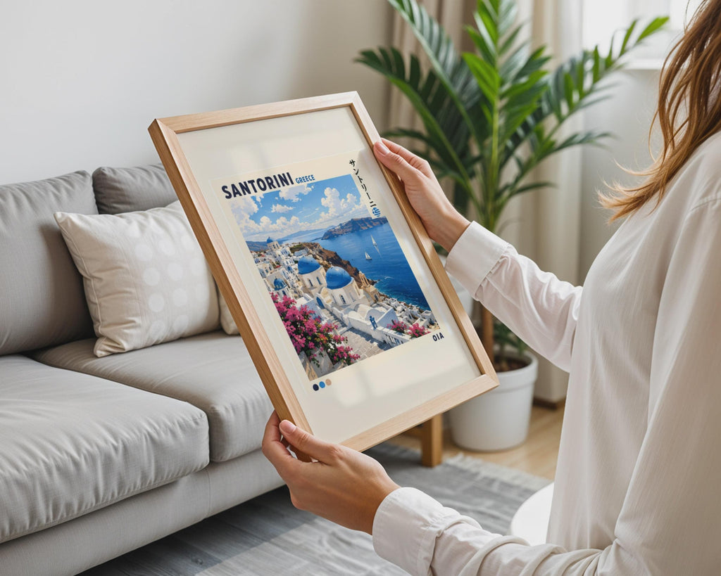 Santorini Greece Travel Poster, Oia Blue Dome Church, Mediterranean Sea (Print)