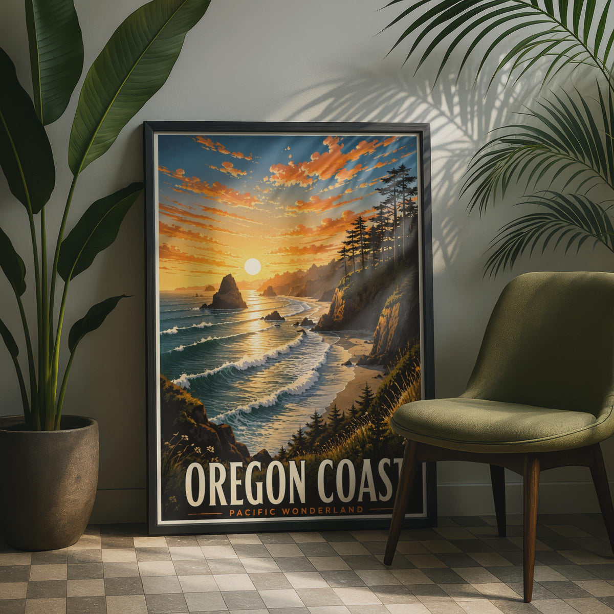 Oregon Coast Sunset Poster, Pacific Wonderland Travel Art, Rocky Cliffs, Pine Trees (Print)