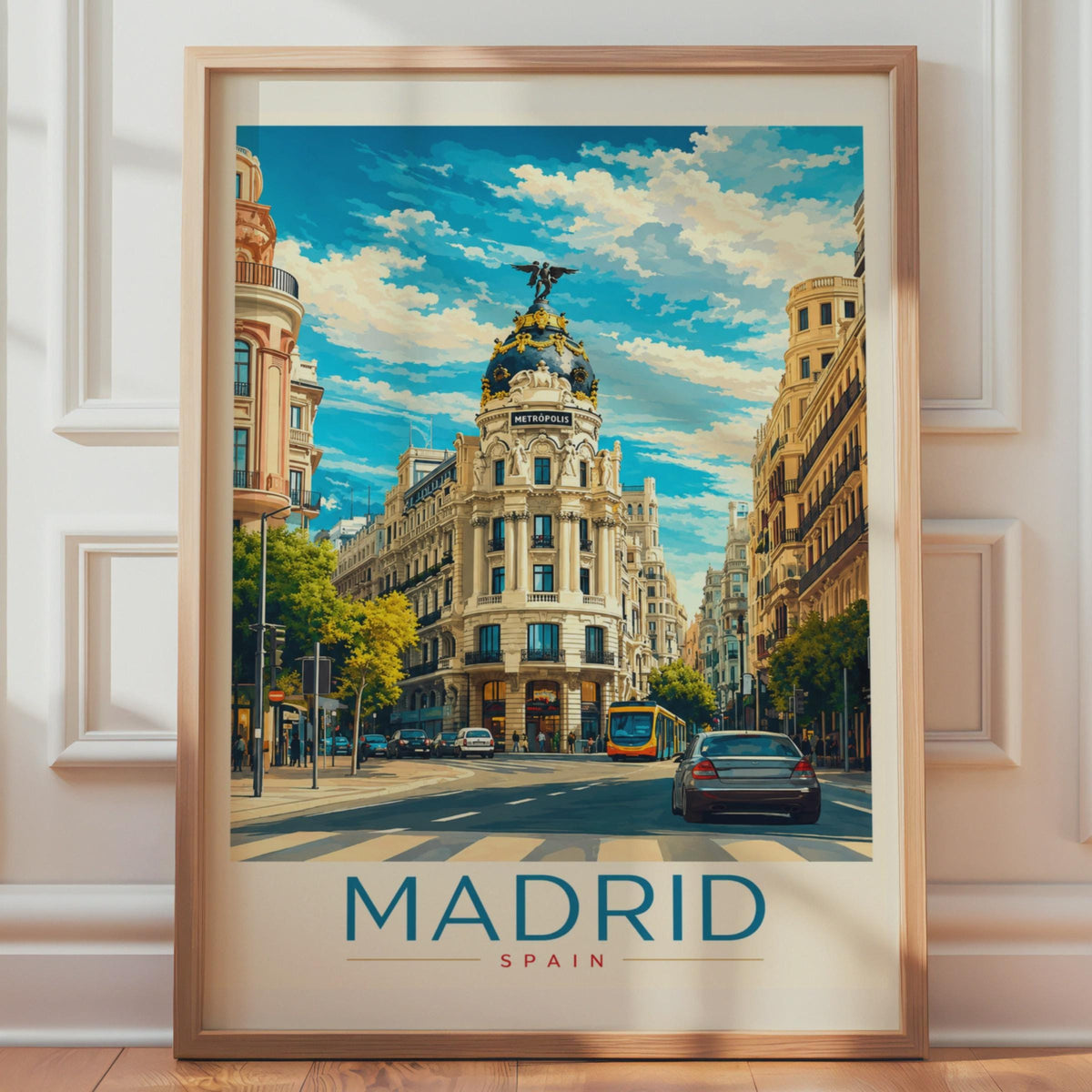 Madrid Travel Poster, Metropolis Building, Gran Via Street Scene (Print)