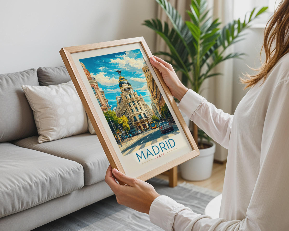 Madrid Travel Poster, Metropolis Building, Gran Via Street Scene (Print)