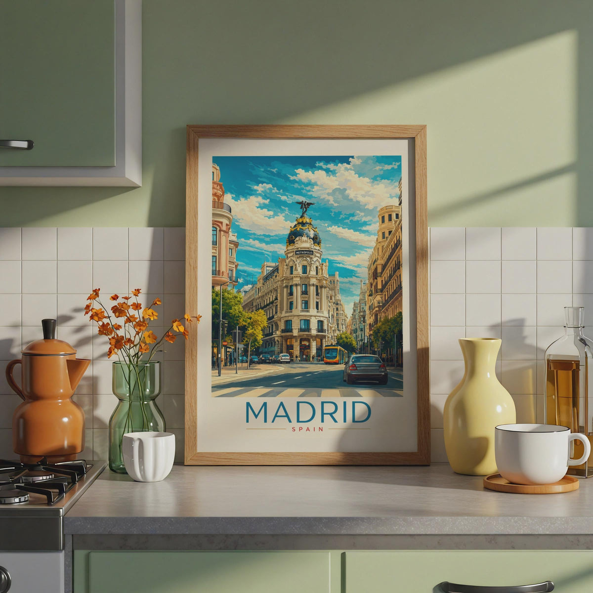 Madrid Travel Poster, Metropolis Building, Gran Via Street Scene (Print)
