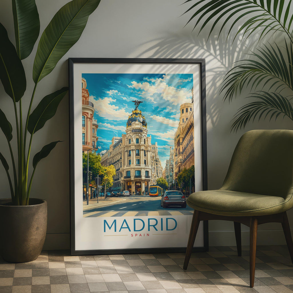 Madrid Travel Poster, Metropolis Building, Gran Via Street Scene (Print)