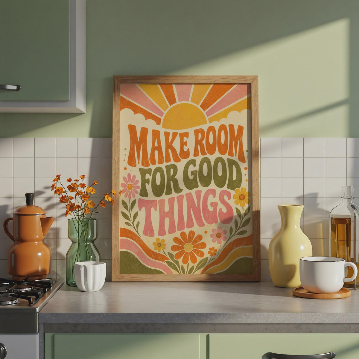 Retro Floral Poster, Make Room For Good Things, 70s Sunburst Art (Print)