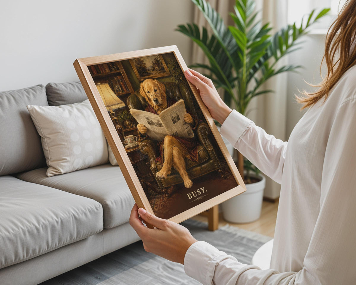 Golden Retriever Reading Newspaper Poster, Dapper Dog Art Print