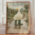 Watercolour Duck in Wellies Poster, British Countryside Scene, Rainy Day Farmhouse Decor