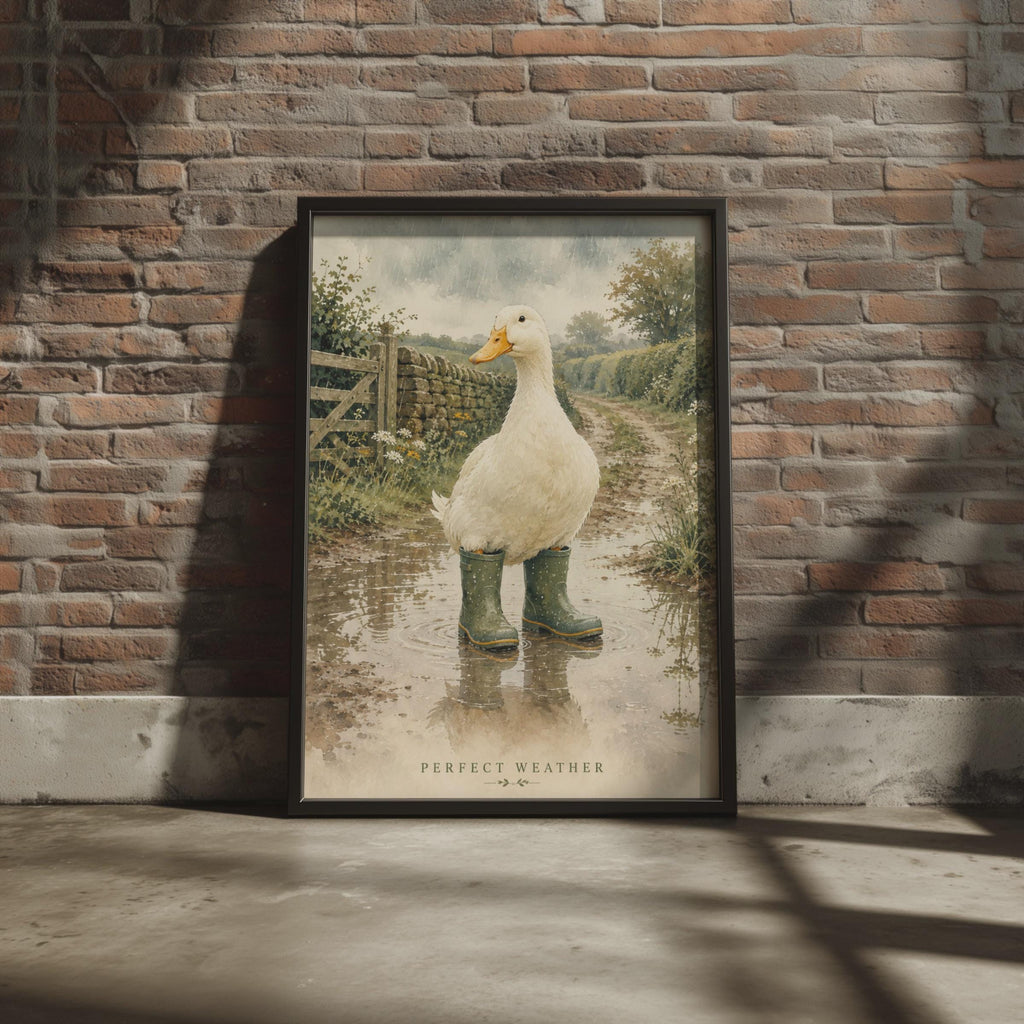 Watercolour Duck in Wellies Poster, British Countryside Scene, Rainy Day Farmhouse Decor