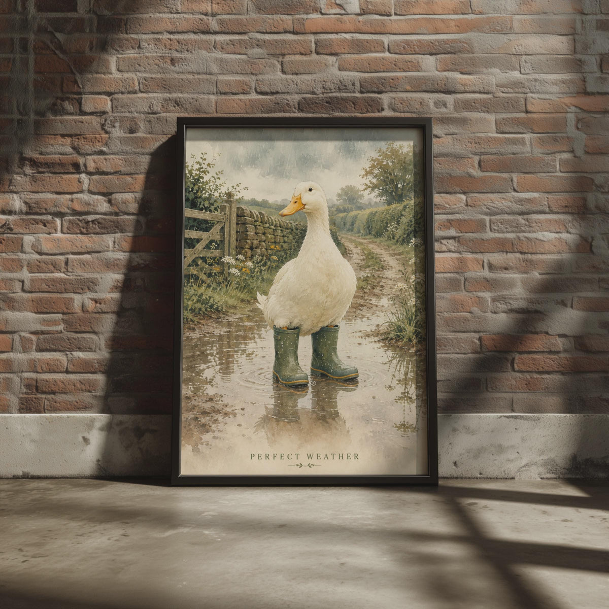 Watercolour Duck in Wellies Poster, British Countryside Scene, Rainy Day Farmhouse Decor