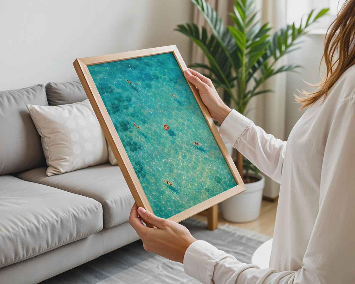 Aerial Turquoise Sea Swimmers Poster, Coastal Wall Art, Summer Beach Print