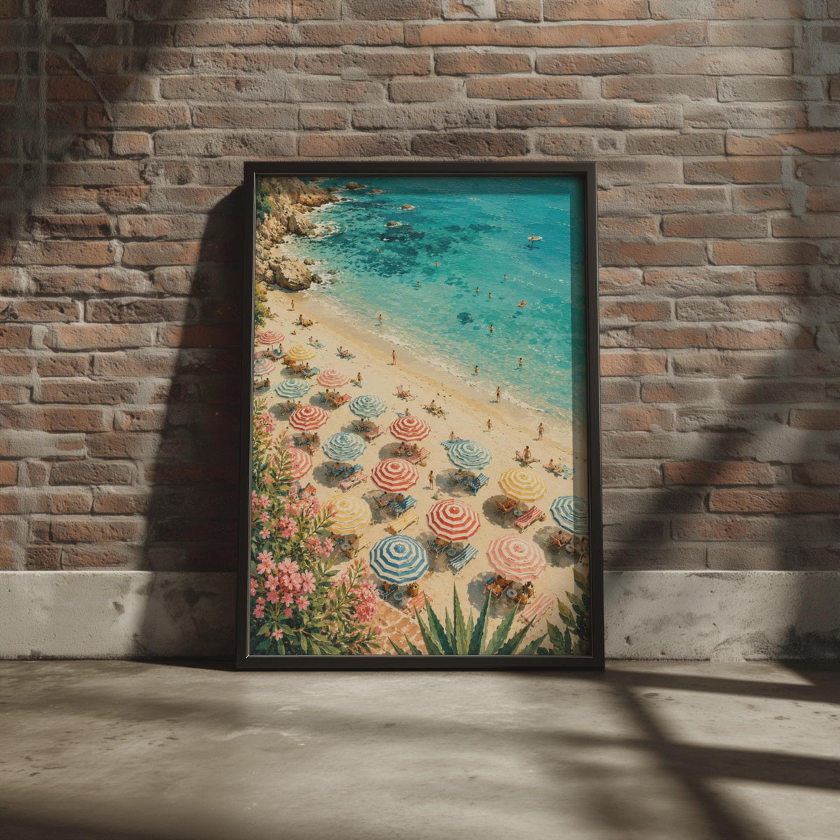 Mediterranean Beach Parasols Print, Aerial Coastal Wall Art, Turquoise Ocean Poster