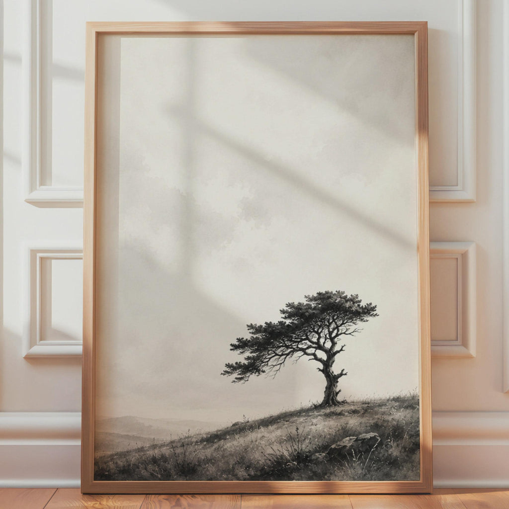 Windswept Tree Print, Minimalist Landscape Poster, Black Grey Nature Art (Ink Watercolour Style)