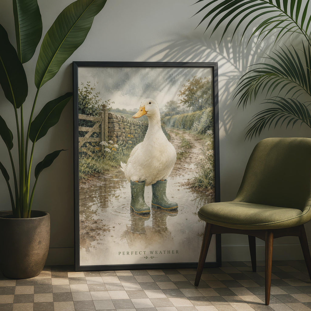 Watercolour Duck in Wellies Poster, British Countryside Scene, Rainy Day Farmhouse Decor