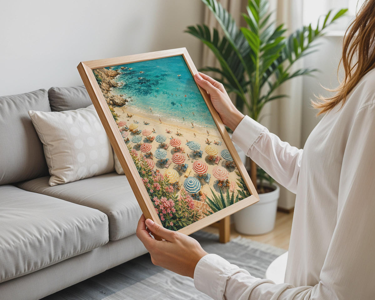 Mediterranean Beach Parasols Print, Aerial Coastal Wall Art, Turquoise Ocean Poster