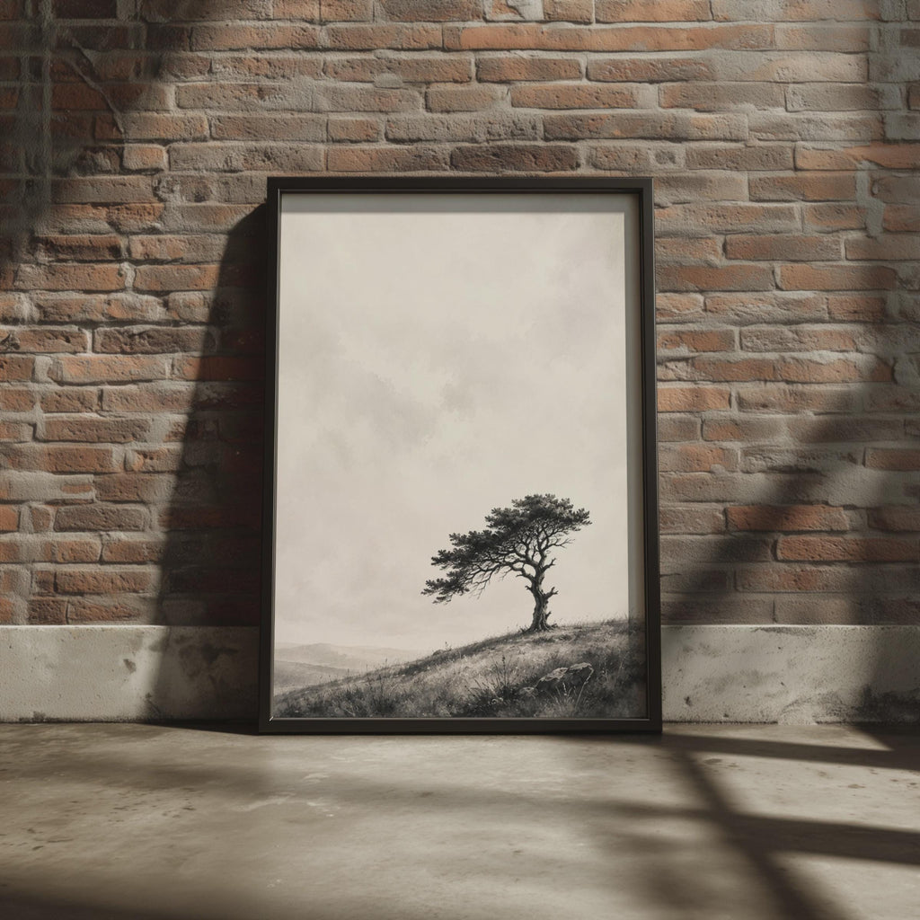 Windswept Tree Print, Minimalist Landscape Poster, Black Grey Nature Art (Ink Watercolour Style)