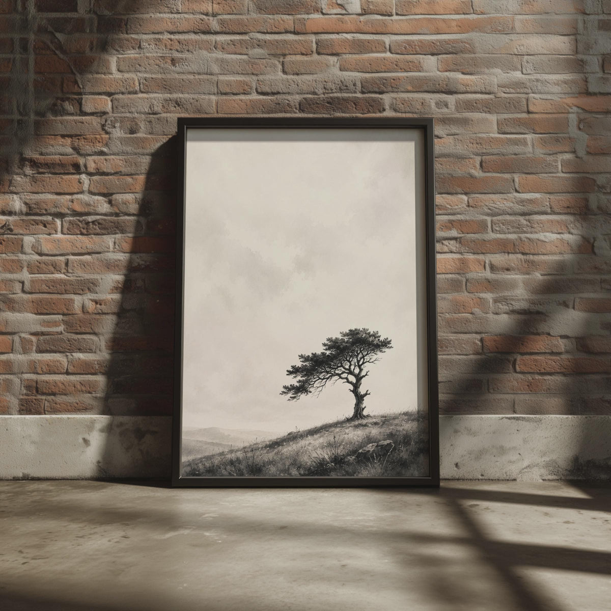 Windswept Tree Print, Minimalist Landscape Poster, Black Grey Nature Art (Ink Watercolour Style)