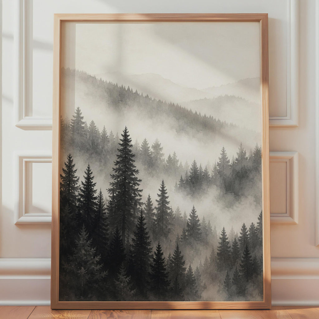 Misty Pine Forest Poster, Monochrome Mountain Wall Art, Watercolor Style Print
