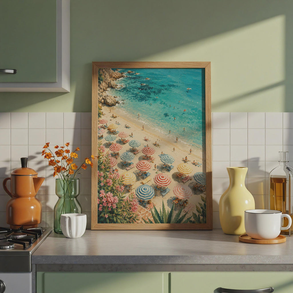 Mediterranean Beach Parasols Print, Aerial Coastal Wall Art, Turquoise Ocean Poster