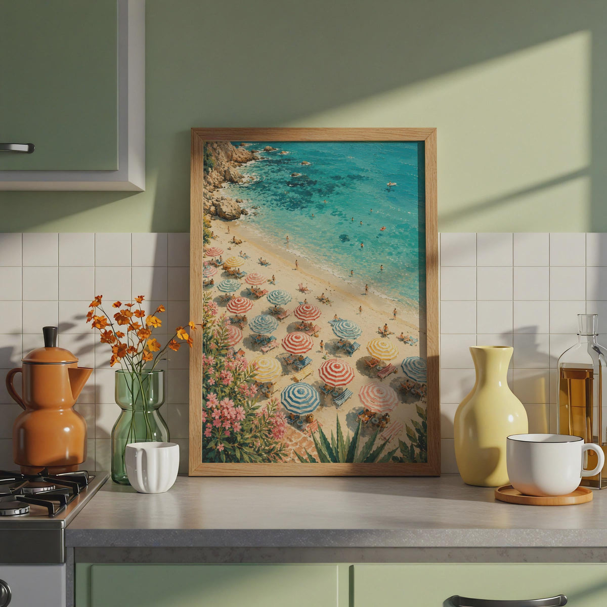 Mediterranean Beach Parasols Print, Aerial Coastal Wall Art, Turquoise Ocean Poster